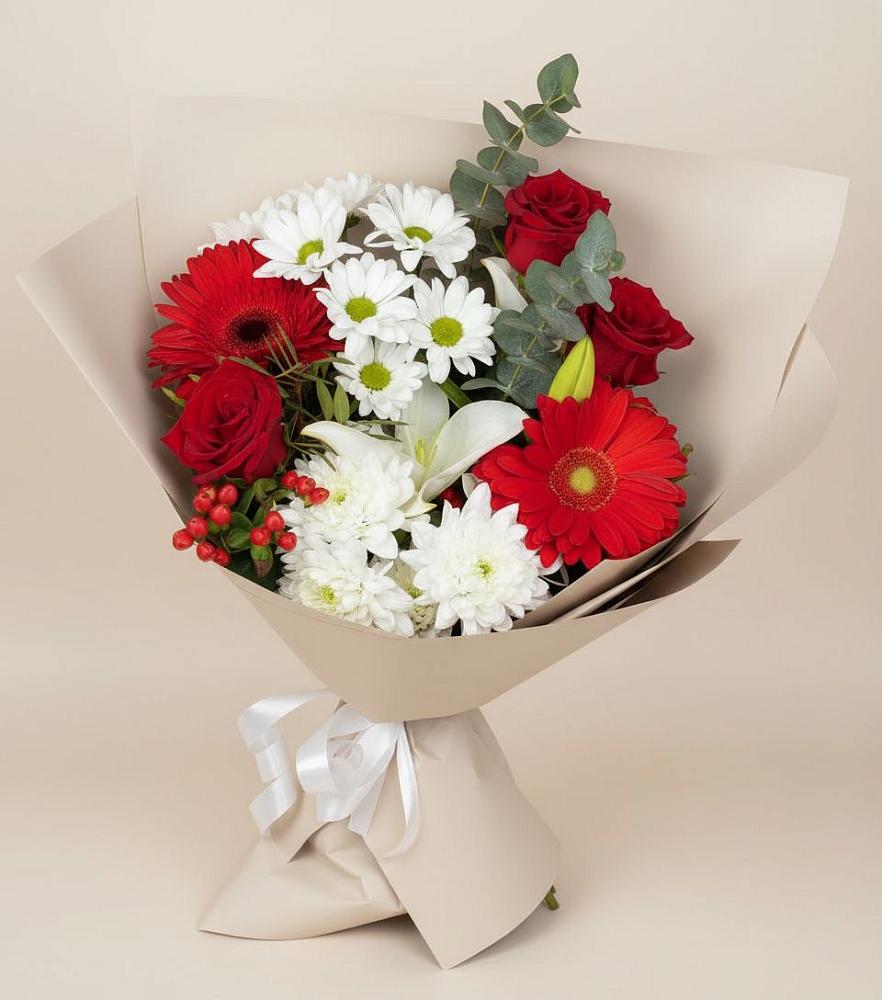 Букет цветов из: Розы, Хризантемы, Герберы и Лилии в Катав-Ивановске